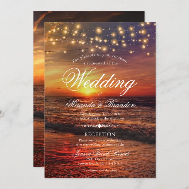 Sunset Beach Lights Summer Wedding & Reception Invitation (Front/Back)