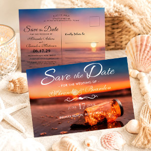Sunset Beach Mason Jar Blue Night Save the Date Announcement Postcard