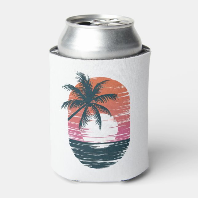 Sunset Beach Palm Tree Funny Summer Vacation Can Cooler (Can Front)
