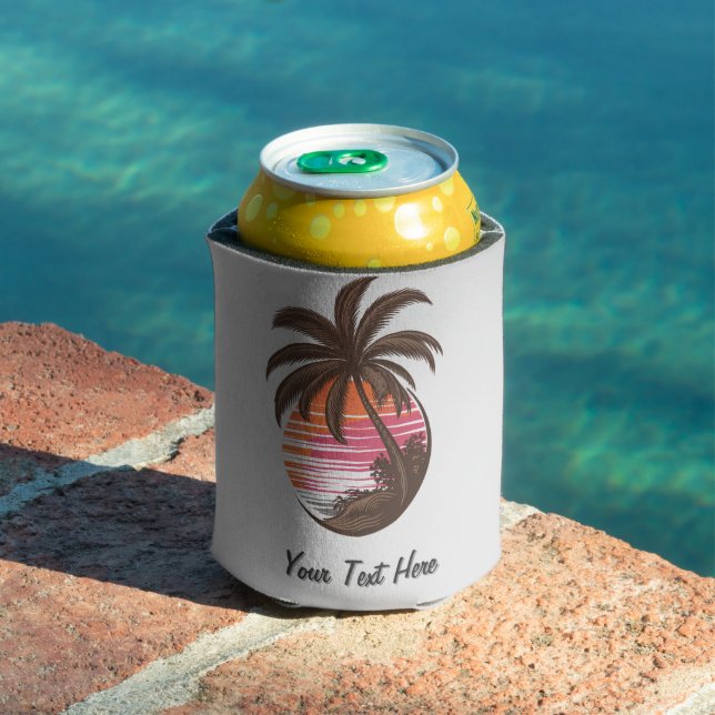 Sunset Beach Palm Tree Summer Vacation Custom Can Cooler (In Situ Pool)
