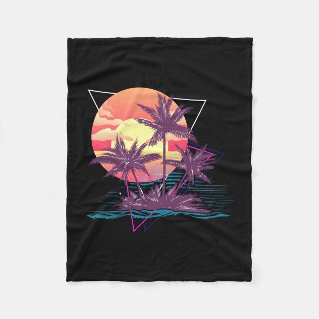 Sunset beach palm trees tropical summer retro fleece blanket (Front)