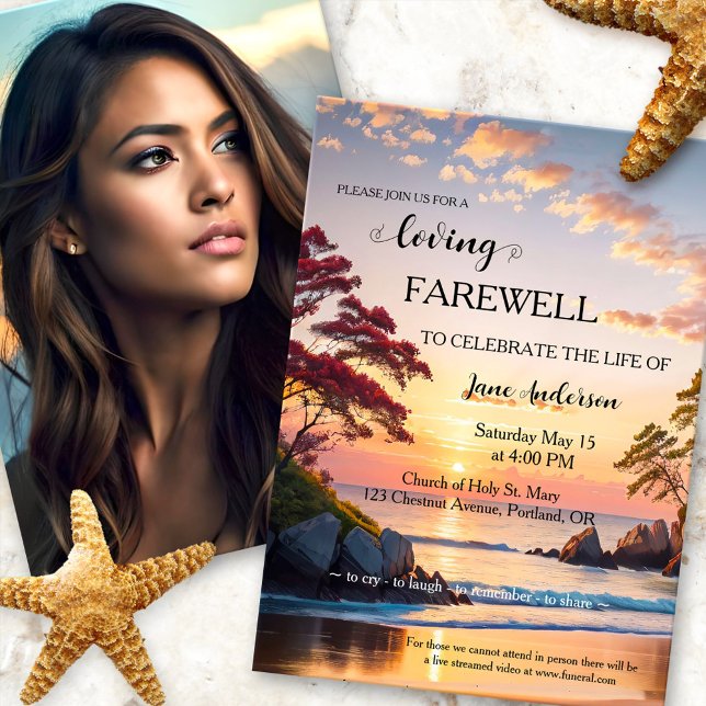 Sunset Beach Photo Celebration of Life Invitation (Celebration of life, memorial or funeral service photo invitation featuring a sunset on the beach)