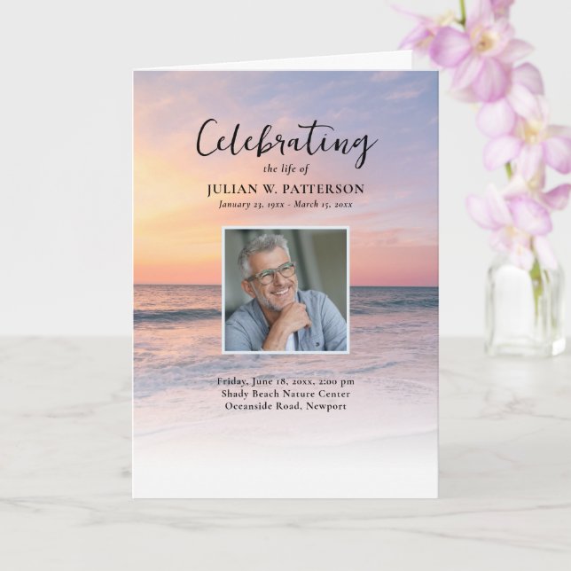 Sunset Beach Photo Celebration of Life Program Card (Orchid)