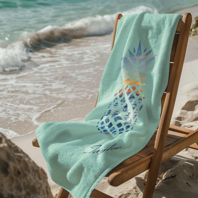 Sunset Beach Pineapple Custom Beach Towel (Tropical Pineapple Teal Beach Towel)