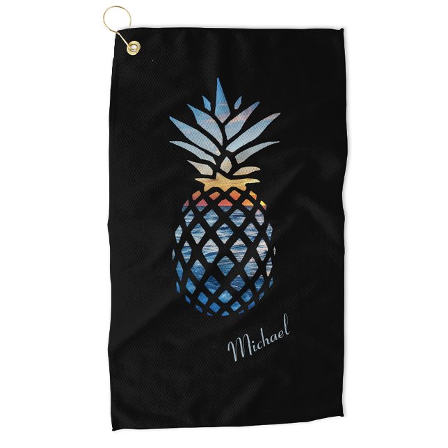 Sunset Beach Pineapple Custom Tropical Golf Towel (Tropical Pineapple Black Golf Towel)