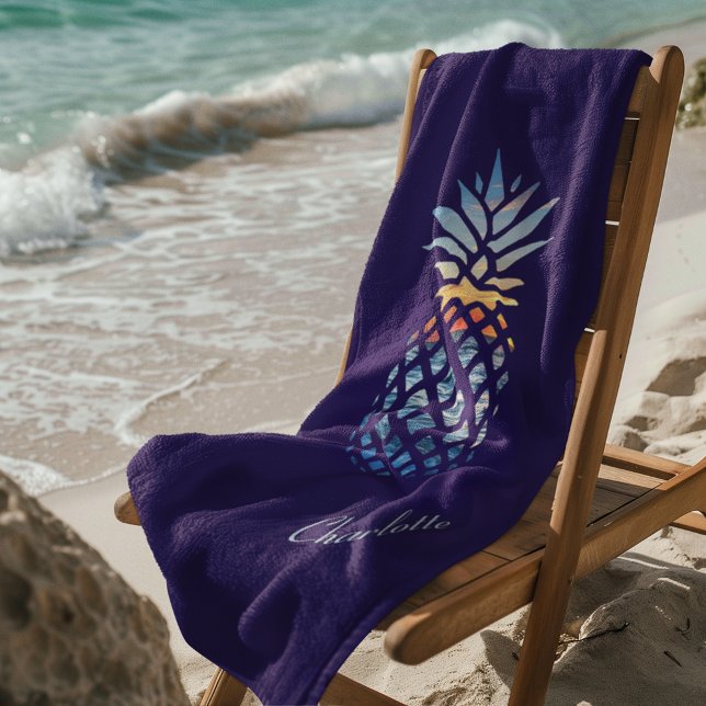 Sunset Beach Pineapple Custom Vacation Beach Towel (Purple Bluish Pineapple Vacation Beach Towel)