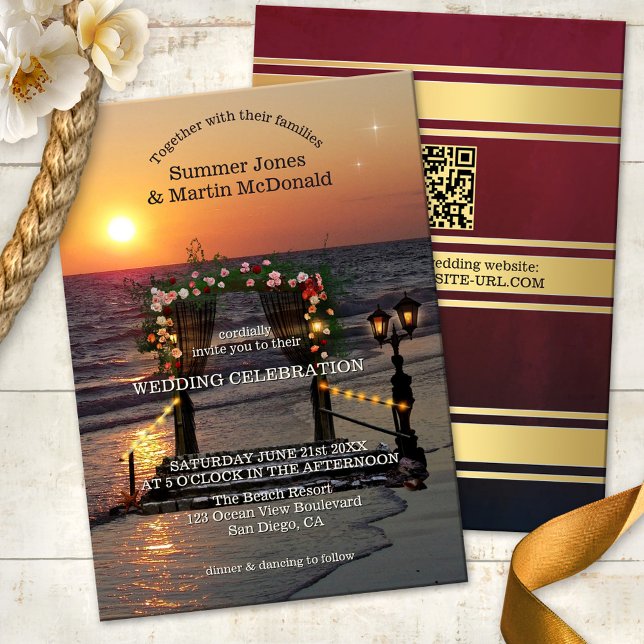 Sunset Beach Rose Arbor Wedding Invitation (Beach or destination wedding invitation featuring a sunset at sea with a festive rose arbor)