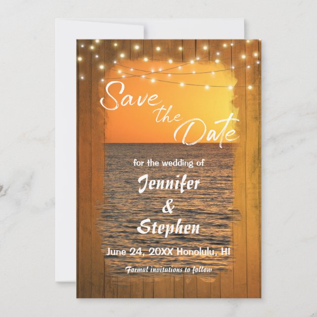 Sunset Beach Rustic Typography Wedding Save the Da Date (Front)