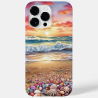SUNSET BEACH SCENE WITH COLORFUL SEASHELLS