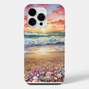 SUNSET BEACH SCENE WITH COLORFUL SEASHELLS iPhone 14 PRO MAX CASE