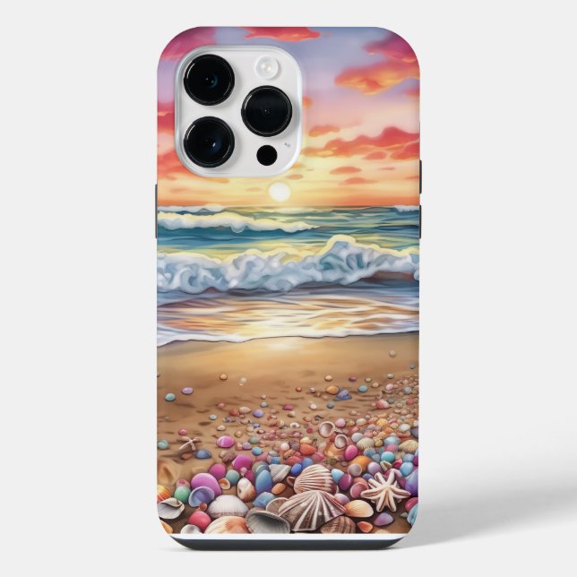 SUNSET BEACH SCENE WITH COLORFUL SEASHELLS iPhone CASE (Back)