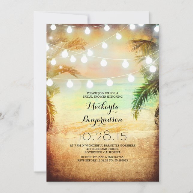 Sunset Beach & String Lights Bridal Shower Invitation (Front)