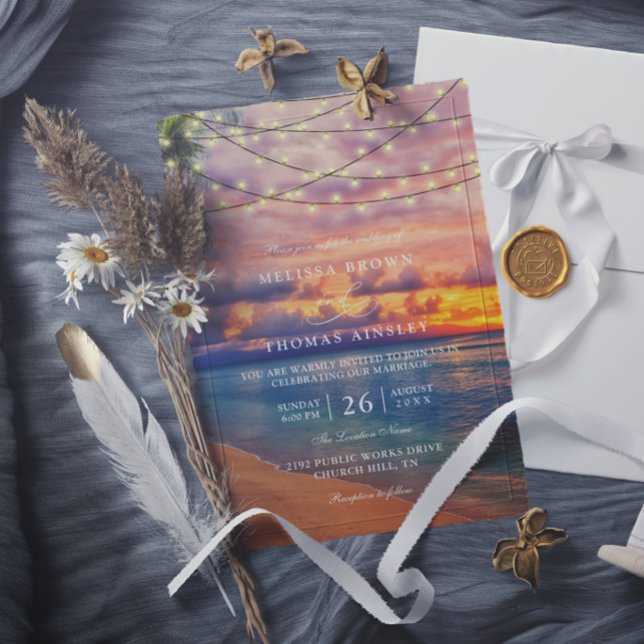 Sunset Beach String Lights Elegant Modern Wedding Invitation (Creator Uploaded)