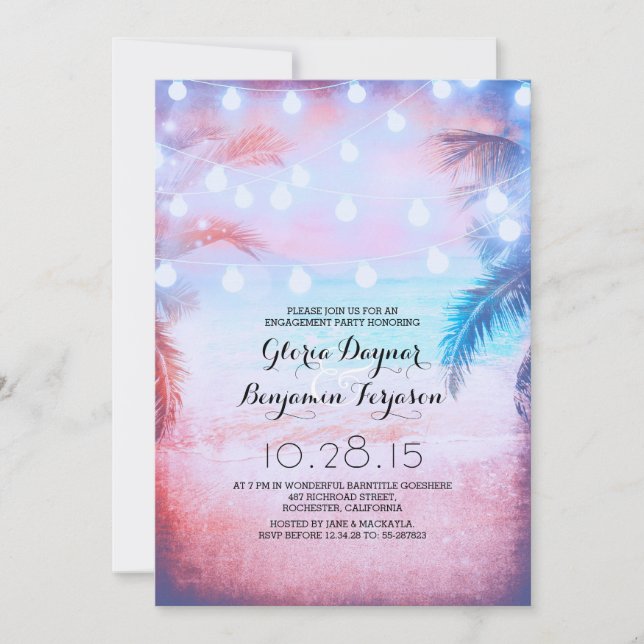 Sunset Beach & String Lights Engagement Party Invitation (Front)