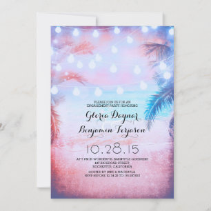 Sunset Beach & String Lights Engagement Party Invitation