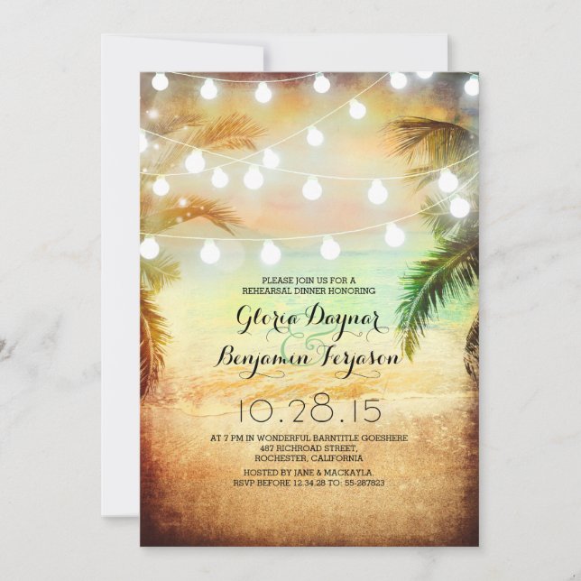 Sunset Beach & String Lights Rehearsal Dinner Invitation (Front)