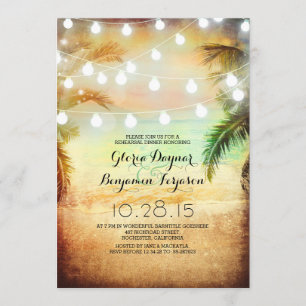 Sunset Beach & String Lights Rehearsal Dinner Invitation