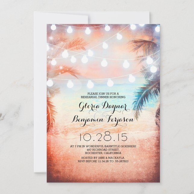 Sunset Beach & String Lights Rehearsal Dinner Invitation (Front)