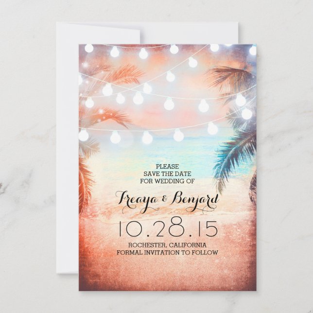 Sunset Beach & String Lights Save the Date (Front)