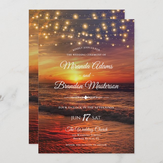 Sunset Beach String Lights Summer Wedding Ceremony Invitation (Front/Back)