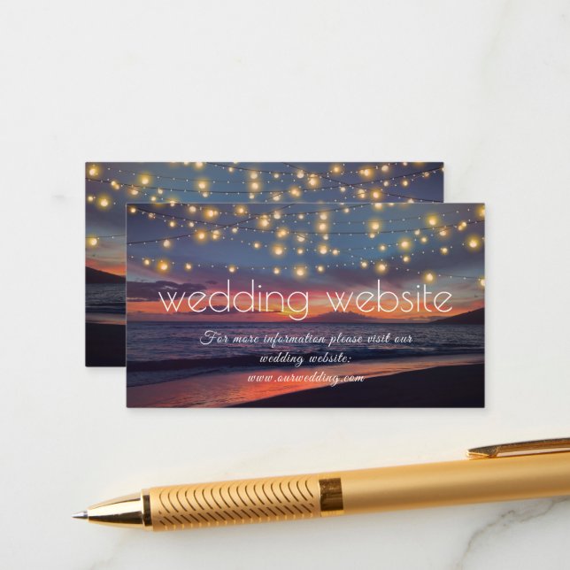 Sunset Beach String Lights Summer Wedding Website Enclosure Card (Front/Back In Situ)