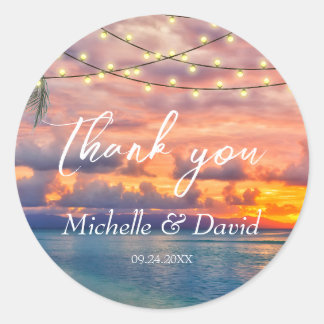 Sunset Beach String Lights Wedding  Classic Round Sticker