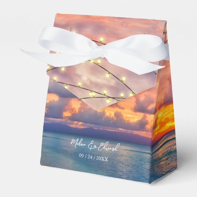 Sunset Beach String Lights Wedding Favour Box (Front Side)