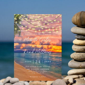 Sunset Beach String Lights Wedding Invitation