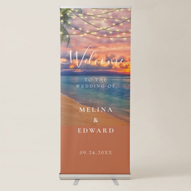 Sunset Beach String Lights Wedding Welcome Retractable Banner (Front)