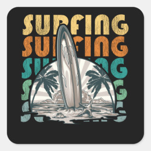 Sunset Beach Surfing, Vintage Surfboard Surface Square Sticker