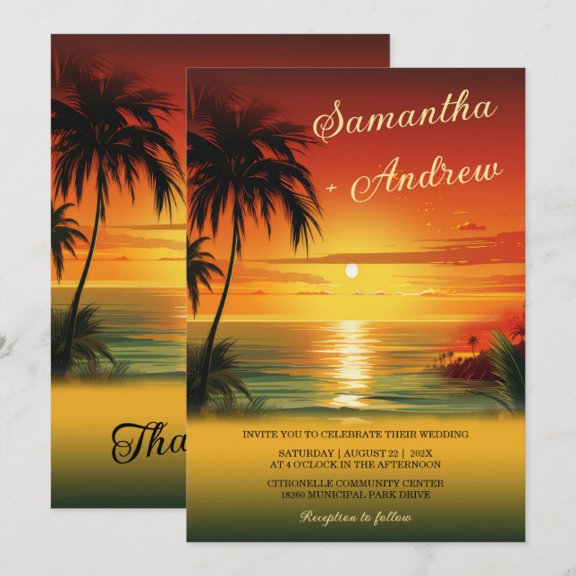 Sunset Beach Themed Wedding Invitations (Front/Back)