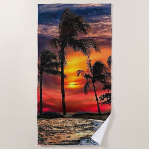 Sunset Beach Towel with the Ocean and Palm Trees