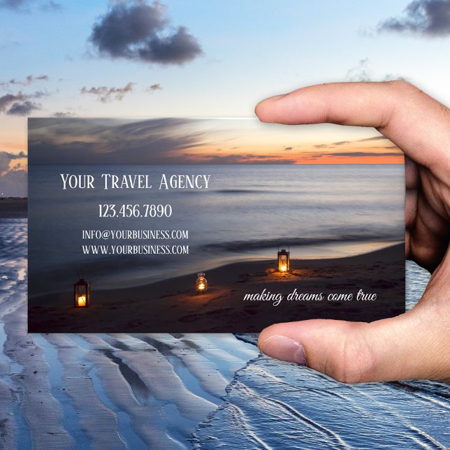 Sunset Beach Travel Business Card (Peaceful and romantic business card featuring lights on the beach at sunset - travel - peace )