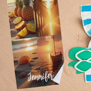 Sunset beach tropical ocean photo collage beach towel
