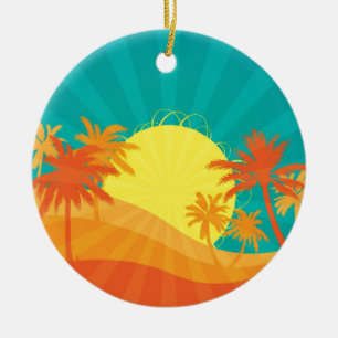 Sunset Beach tropical retro surf design Ceramic Tree Decoration
