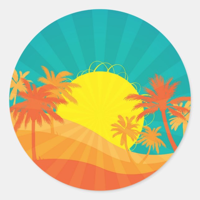 Sunset Beach tropical retro surf design Classic Round Sticker (Front)