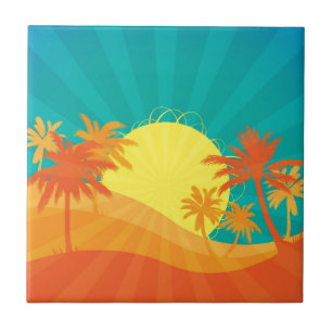 Sunset Beach tropical retro surf design Tile