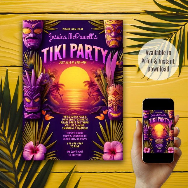 Sunset Beach Tropical Tiki Luau Birthday Party Invitation (Available in both Print and Instant Download)