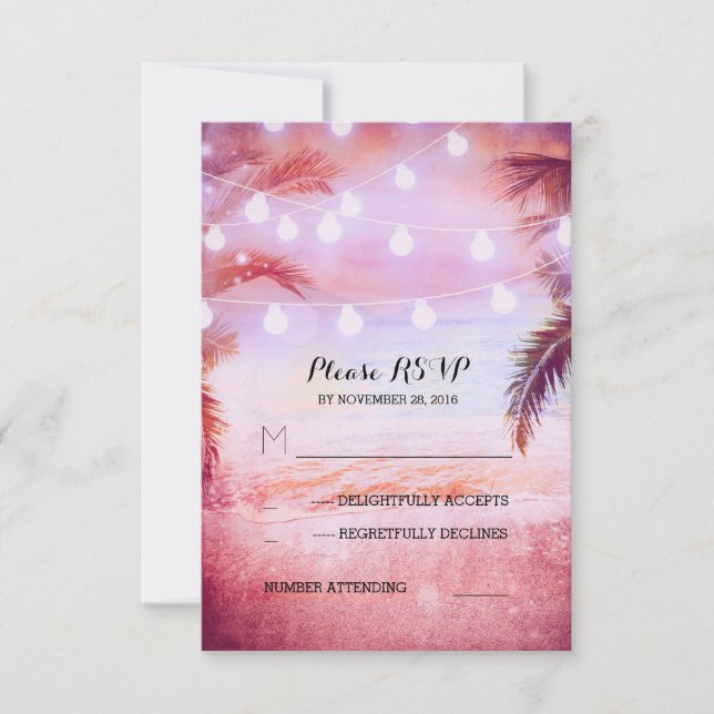 sunset beach twinkle lights purple wedding RSVP Card (Front)