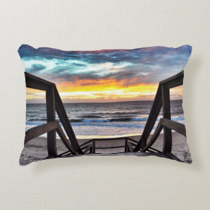 Sunset Beach View from Rustic Wood Deck Decorative Cushion