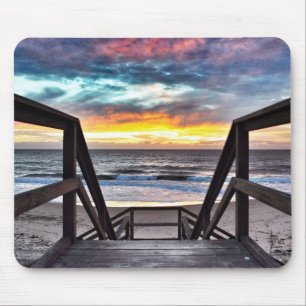 Sunset Beach View from Rustic Wood Deck Mouse Mat