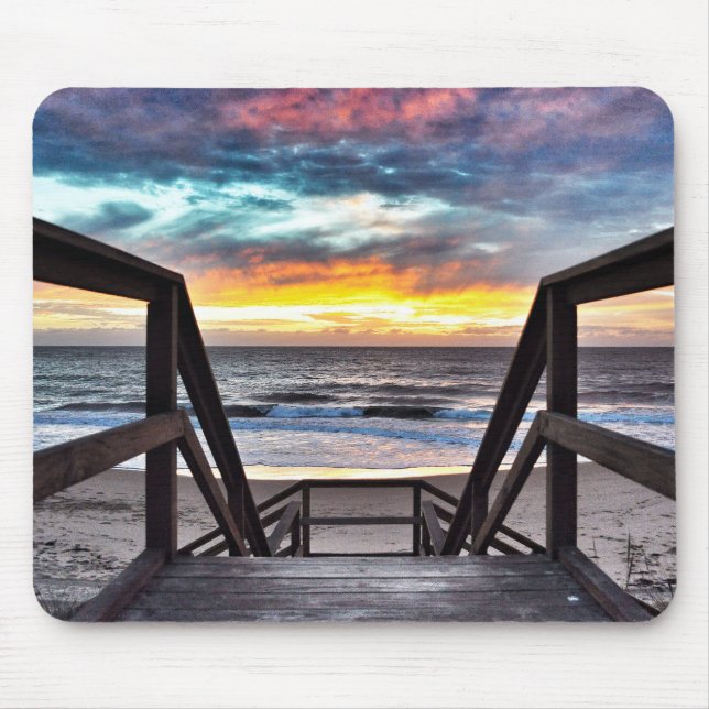 Sunset Beach View from Rustic Wood Deck Mouse Mat (Front)