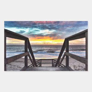 Sunset Beach View from Rustic Wood Deck Rectangular Sticker
