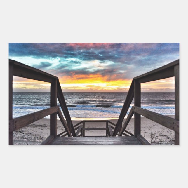 Sunset Beach View from Rustic Wood Deck Rectangular Sticker (Front)