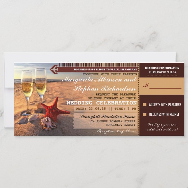 Sunset beach wedding boarding pass invitations (Front)