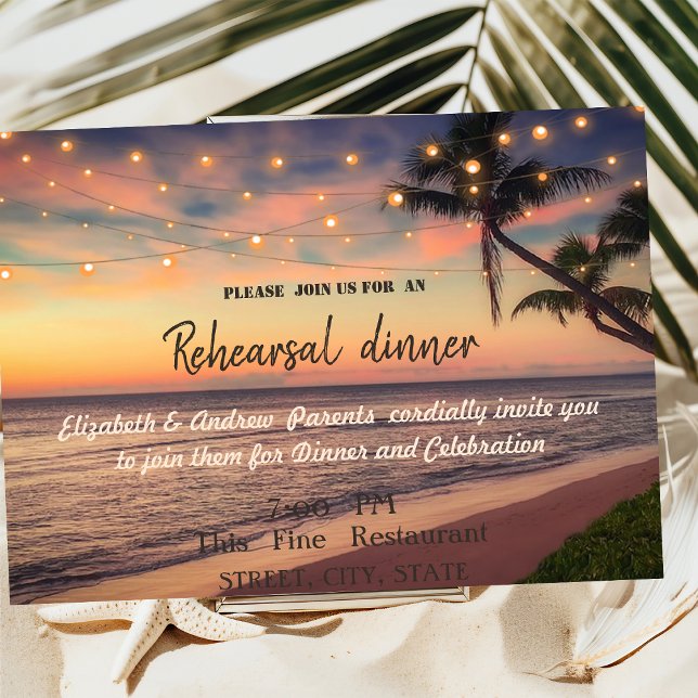 Sunset Beach Wedding,Palm,Lights  Rehearsal Dinner Invitation (Creator Uploaded)
