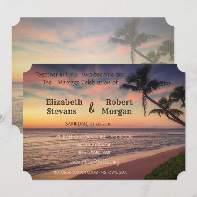 Sunset Beach  Wedding , Palms  Invitation (Front/Back)
