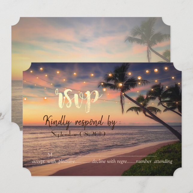 Sunset Beach Wedding, Palms,Lights  RSVP Invitation (Front/Back)