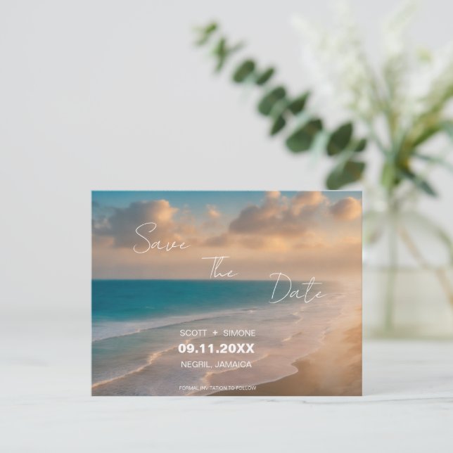 Sunset Beach Wedding Save The Date Postcard (Standing Front)