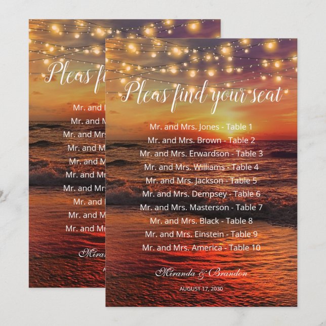 Sunset Beach Wedding Table Number Seating Chart (Front/Back)